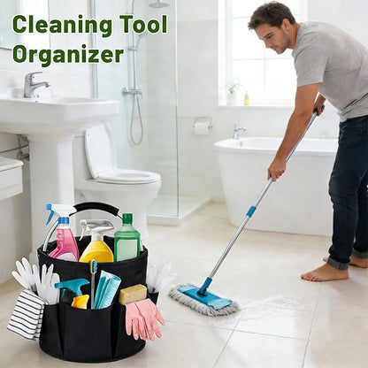 17L Foldable Cleaning Caddy with Handle - Portable Oxford Fabric Storage Bucket, Organiser for Cleaning Supplies, Toiletries, Home, Garden, Picnic & Beach (Black)