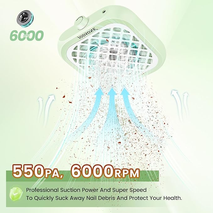 JODSONE 6000RPM Mini Nail Dust Collector Powerful Suction Portable PocketSized Nail Salon with 30 Filters Green