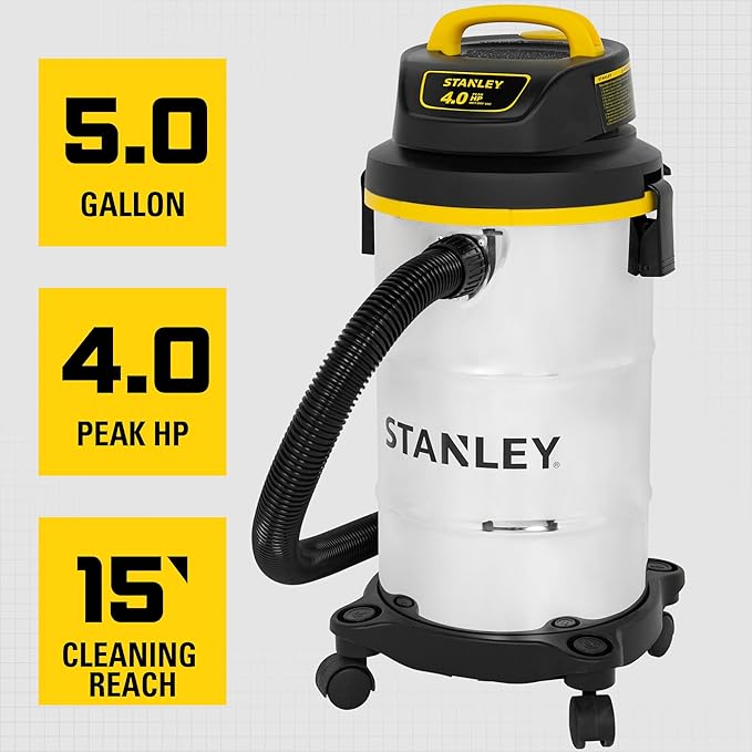 STANLEY Shop Vacuum Wet/Dry, 5 Gallon, 4 Horsepower, Stainless Steel Wet/Dry Vac Silver+Yellow+Black