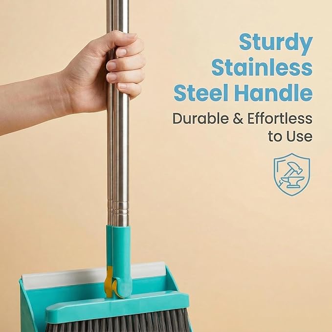 2-in-1 Broom with Dustpan Combo Set,Long Handle Broom Dustpan Combo with Dustpan Teeth to Automatically Clean Hair for Home, Indoor or Outdoor Cleaning Hall Floor (Green)