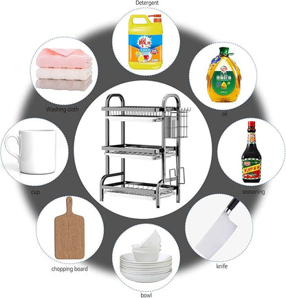 Goldmeet 3 Tier Dish Drying Rack, Large Stainless Steel Over The Sink Dish with Drain Tray, Kitchen Dishes Drying Racks, Dish Racks for Kitchen Counter Storage (Black)