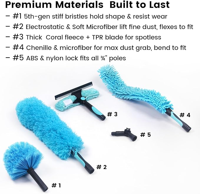 Ceiling Fan Duster Kit - 5-in-1 Cobweb Feather Duster & Squeegee Heads - Washable Bendable Microfiber - Fits Standard 3/4" Pole, Blue