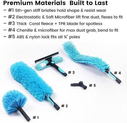 Ceiling Fan Duster Kit - 5-in-1 Cobweb Feather Duster & Squeegee Heads - Washable Bendable Microfiber - Fits Standard 3/4" Pole, Blue