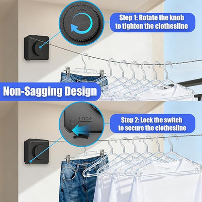 Retractable Clothesline Indoor & Outdoor, 17.4 Ft Non-Sagging Laundry Washing Line with Wall Mounted Heavy Duty, Space-Saving Clothing Drying Rack with Telescoping Hanger (1, Upgraded Black)