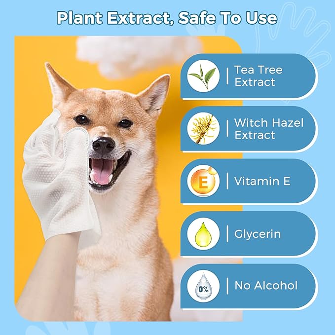 Vannon Extra Thick Pet Bathing Wipes for Dogs & Cats, Cleaning & Odor-Controlling Grooming Gloves, Nourish Fur Glove Wipes for Daily Care and Traveling, Rinse Free, Unscented, 6 PCS
