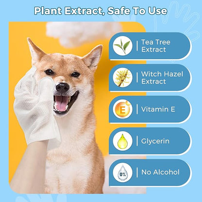 Vannon Portable Pet Bathing Wipes for Dogs & Cats, Cleaning & Odor-Controlling Extra Thick Grooming Glove Wipes for Daily Care and Traveling, Rinse Free, Nourish Fur, Individually Packaged, 15 PCS