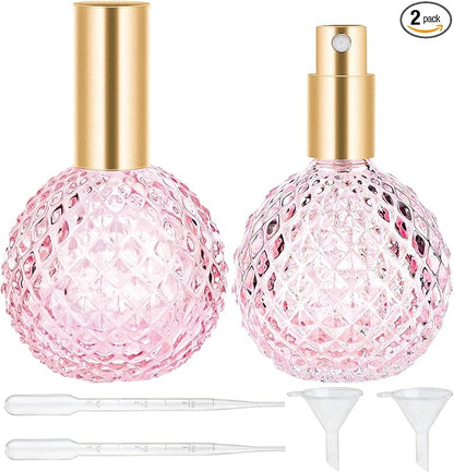 2pcs Pink Vintage Perfume Bottles Empty, 3.4oz 100ml Refillable Glass Perfume Atomizer, Reusable Travel Cologne Dispenser for Liquid Cosmetic Home Decor