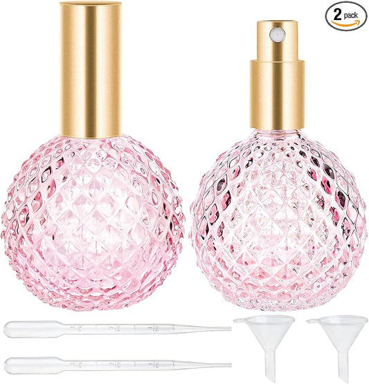 2pcs Pink Vintage Perfume Bottles Empty, 3.4oz 100ml Refillable Glass Perfume Atomizer, Reusable Travel Cologne Dispenser for Liquid Cosmetic Home Decor