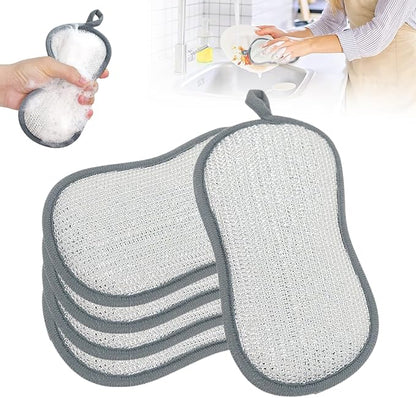 Multipurpose Cleaning Sponges, Non Scratch Double-Sided Heavy Duty Scrub Sponges, Silver Stainless Steel and Multi-Layer Fiber, Metal Scrubbing Pads Sponge Cloths for Home Kitchen (5)
