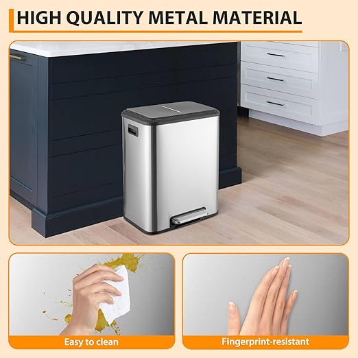 2 x 4 Gallon, Double Trash Can Kitchen for Recycling and Trash, 2 in 1 Garbage Bin, Touchless Motion, Recycle Bin Combo, Stainless Steel Dual Recycling Bins for Kitchens & Office