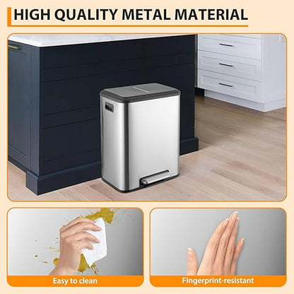 2 x 4 Gallon, Double Trash Can Kitchen for Recycling and Trash, 2 in 1 Garbage Bin, Touchless Motion, Recycle Bin Combo, Stainless Steel Dual Recycling Bins for Kitchens & Office