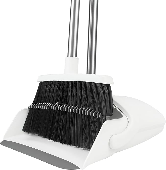 BSKLIN Broom and Dustpan Set, Broom with Dustpan Combo Set with Teeth to Clean Pet Hair 52-in Long Adjustable Handle Broom for Home Office Kitchen Lobby(White)