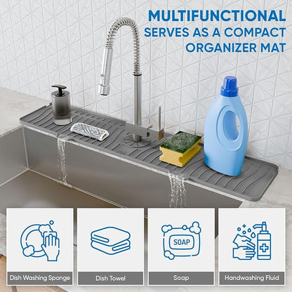 24 Inch Longer Faucet Mat for Kitchen Sink, Silicone Sink Faucet Mat Splash Guard 5° Slope Premium Kitchen Sink Splash Faucet Guard, Fast Self-Draining Mat (Grey)
