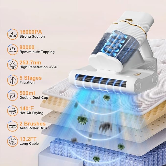 Mattress Vacuum Cleaner with UV-C Light 16Kpa Suction & 80000 rpm Double Brushrolls & Triple Cup, Heating & Ultrasonic & 2 Speeds & Widened Suction Port, Anti-Allergen Bed Vacuum Cleaner (Gold)