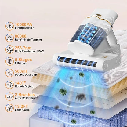 Mattress Vacuum Cleaner with UV-C Light 16Kpa Suction & 80000 rpm Double Brushrolls & Triple Cup, Heating & Ultrasonic & 2 Speeds & Widened Suction Port, Anti-Allergen Bed Vacuum Cleaner (Gold)