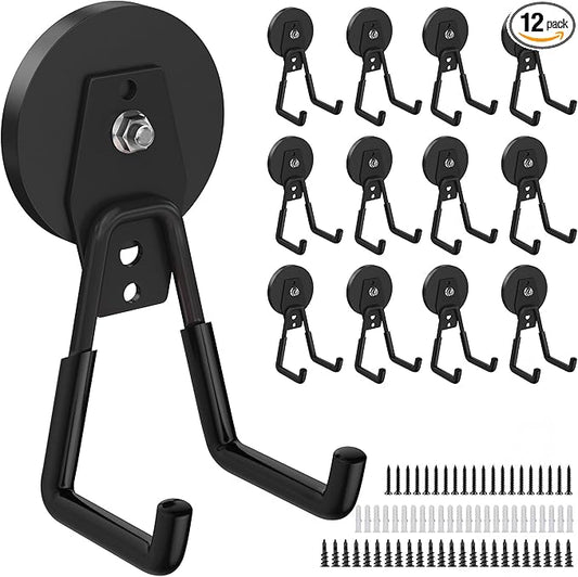 12 Pcs Magnetic Hooks Heavy Duty, Large Strong Magnetic Storage Hook for Hanging Garage Tool, 66mm Magnet Hooks with Anti-Slip Coating, Magnetic Holder for Power Drill/Metal Cabinet/Garden Tools