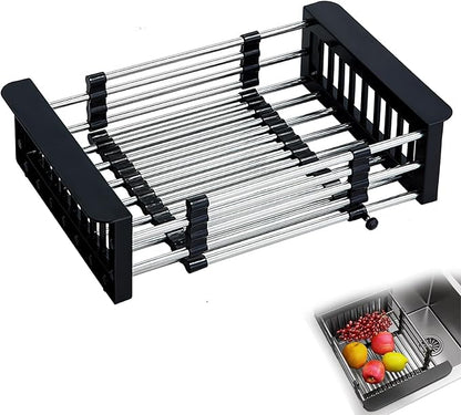 COVRA Stainless Steel Over-Sink Dish Drying Rack – Versatile Kitchen Organizer for 11″–19″ Square Sinks – Effortless Drying for Dishes, Fruits & Vegetables (Black)
