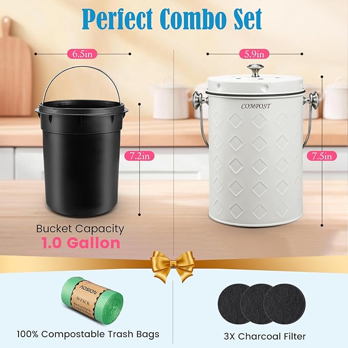 AOSION Countertop Compost Bin Kitchen,Odorless Indoor Compost Bin with Lid,Farmhouse Composter Container for Food Waste,Includes 2 Carbon Filters, Small Compost Bucket,Trash Bags (Modern, Cream White)