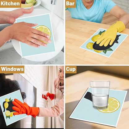 Swedish Dishcloths for Kitchen, 6 Pack Lemon and Balck Cat Reusable Dish Paper Hand Towels Housewarming Gifts, Summer Absorbent Dish Rags for Home Cooking Cleaning