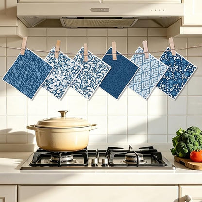 AnyDesign Blue Floral Swedish Dishcloths White Flower Cotton Kitchen Towel Reusable Absorbent Dish Towel for Spring Summer Home Kitchen Housewarming Cleaning, 7 x 8 Inch, 6 Pcs
