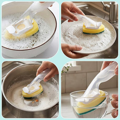 Soap Dispensing Dish Scrubber with Ergonomic Handle - Non-Scratch Dishwand Sponge Refill Replacement Packs, Ideal for Pots, Pans, Dishes & Kitchen Surfaces