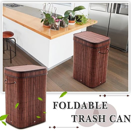 1 Pack 21 Gallon Bamboo Slim Trash Can with Lid Large Foldable Slim Rectangular Garbage Can Bamboo Waste Basket for Bathroom Bedroom Office Home Salon Spa (Brown)