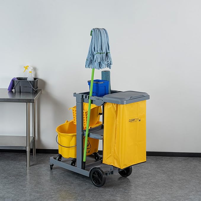 Restaurantware-Clean Tek Professional Janitor Cart with Wheels, 1 Cleaning Trolley with Cover and 18 Gallon Bag - 3 Shelves, Heavy-Duty, Gray Plastic Commercial Janitorial Cart, for Restaurants