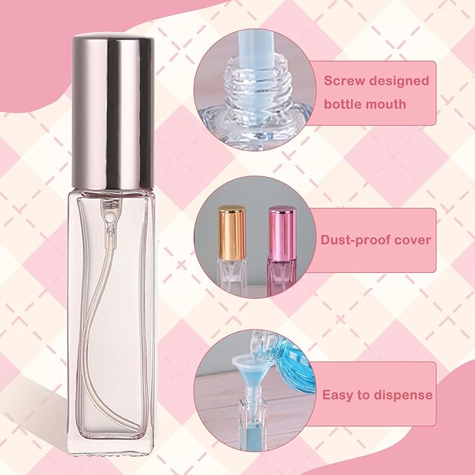 5-Pack Refillable Glass Travel Perfume Bottles, 10ml Mini Spray Bottles with Filling Tools, Multi Color