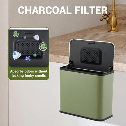 GarveeHome 1.3 gal/5L Countertop Compost Bin with Lid, Hanging Small Trash Can with Odor Control Charcoal Filter ＆ Bucket Under Sink for Kitchen, Hanging/Wall Mounted/Standing Food Waste Bin, Green