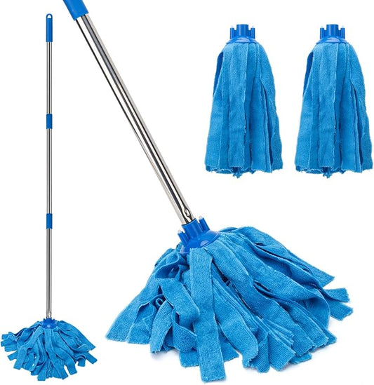 KeFanta Mop, Microfiber Cloth Mops for Floor Cleaning, One Pole with Two Microfiber Cloth Wet Mop Refills, String Mop with 49" Long Handle, Blue (1 Handle & 2 Mop Heads)