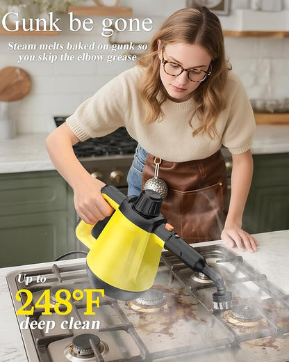 1200W Handheld Steam Cleaner for Home, Powerful Natural Multi‑Surface Steam Cleaner with 10 Accessories, 13.5oz Pressurized Steamer for Deep Cleaning Tile, Grout, Shower, Bathroom,Kitchen,Car, Yellow