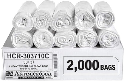 Aluf Plastics High Density Trash Bags, 30 Gallon, 2000 Count, 10 Micron (eq), 30" x 37", Clear, for Bathroom, Office, Industrial, Commercial, Janitorial, Municipal, Recycling