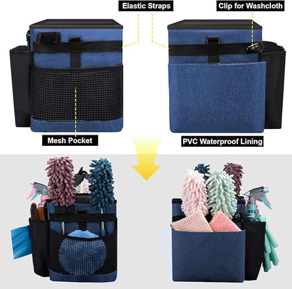 Wearable Large Cleaning Caddy Bag for Housekeeper, Clean Supply Organizer with Adjustable Shoulder, Waist & Handle Straps, Detailing Bag for Kitchen Supplies (Blue)