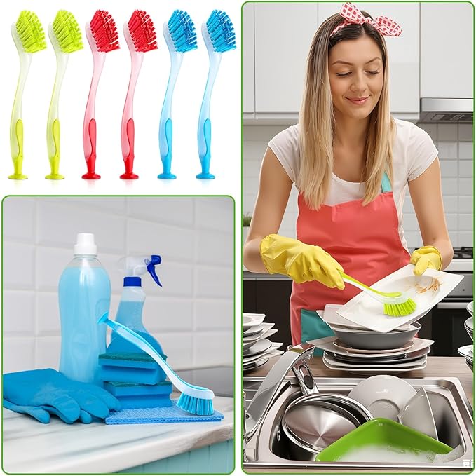 Boao 10 Pieces Long Dish Brush with Handle Assorted Color Dishwashing Brush with Suction Cup Multipurpose Cleaning Tool for Kitchen, Toilet, Etc
