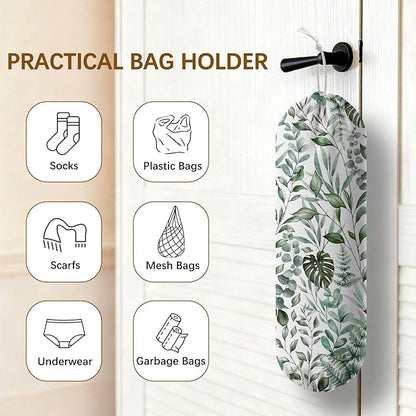Plant Plastic Bag Holder, Wall Mount Organizer for Reusable Canvas Grocery Bags, Plants Hanging Plastic Bag Dispenser, Green Leaves Shopping Bags Storage Dispenser Decorative Home Kitchen Pantry Decor
