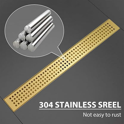 SaniteModar Linear Shower Drain, Gold Shower Drain 60 inch with Removable Grate, Brushed 304 Stainless Steel Shower Floor Drain Include Hair Catcher and Leveling Feet