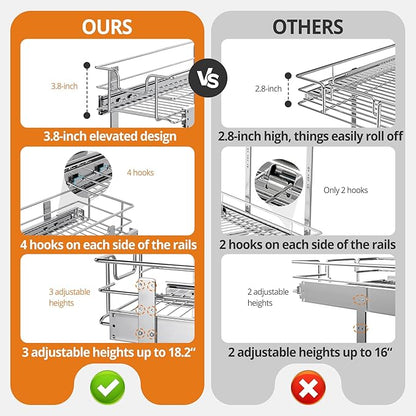 ZOINLIY Pull Out Cabinet Organizer, Versatile Slide Out Kitchen Organizers and Storage,Heavy Duty Drawer Cupboard Storage Basket, Smooth Sliding, Chrome Finish (2-Tiers-11¼''W×22“D)