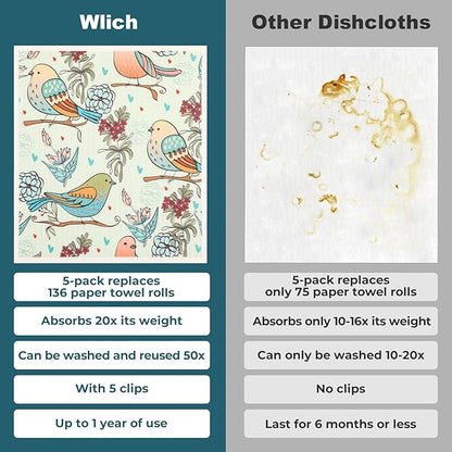 wlich 5PCS Swedish Dishcloths for Kitchen, Reusable Dish Rags for Washing Dishes with Clips, Non-Scratch Kitchen Towels and Dishcloths Sets, Washable Swedish Dish Cloths, No Odor(Birds Flowers)