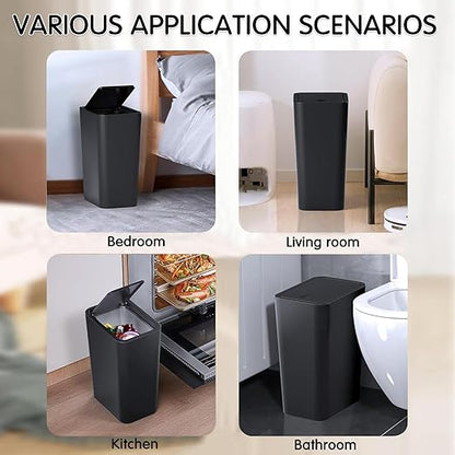 2.65-gallon/10-liter Push-Button Trash can with lid + 100 Trash Bags. Features pet-Proof, Odor-Proof, and Quiet-Closing Functions; Suitable for bedrooms, bathrooms, Kitchens, and Offices (Black)