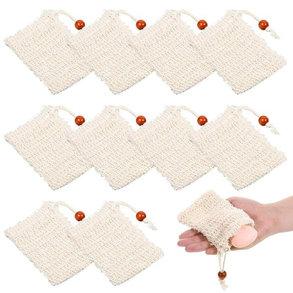 Soap Bag 10 Pcs Natural Sisal Soap Saver Bags Mesh Net Saver Pouch Exfoliating Foaming Drying Soaps Holder Handmade Bag with Drawstring for Bath Shower Massaging and Scrubbing