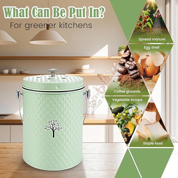 AOSION Countertop Compost Bin Kitchen，Odorless Indoor Compost Bin with Lid and 50 Pack Compost Bags,Compost Bucket Composter Container for Food Waste,Green