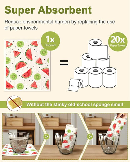 Miss Adola 6 Pack Swedish Dishcloths for Kitchen - Reusable Dish Cloths for Washing Dishes Absorbent Cute Funny Kitchen Towels Cleaning Sponge, Lemon Fruit