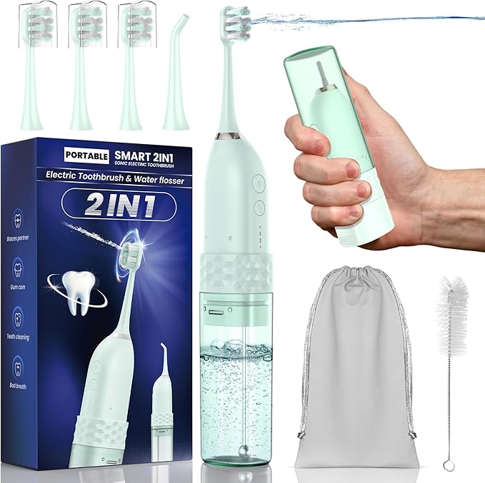 Electric Toothbrush with Water flosser, 2 in 1 Teeth Cleaning Kit, Toothbrush and Water flosser Combo, 25 - Day Battery, Travel Toothbrush with Water Bottle(Green)