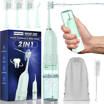 Electric Toothbrush with Water flosser, 2 in 1 Teeth Cleaning Kit, Toothbrush and Water flosser Combo, 25 - Day Battery, Travel Toothbrush with Water Bottle(Green)