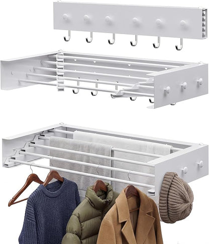Extra Wide 40" Laundry Drying Rack Wall Mount - Retractable Clothes Drying Rack with 6 Hooks & 6 Knobs, Heavy Duty 60LBS Metal Airer, Large Foldable Wall Hanger for Indoor