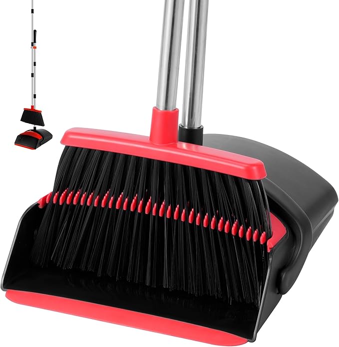 Broom with Dustpan Combo Set for Home 52-in Long Adjustable Handle Angle Broom and Dustpan Set with Dustpan Comb Teeth for Sweeping Pet Hair Food Dirt Kitchen (Black) (Black)