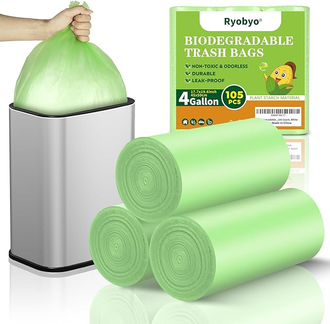 Biodegradable Small Trash Bags 4 Gallon, 105 Counts Unscented Bathroom Trash Bags, Easy Tearing Small Garbage Bags for Bathroom Bedroom Office, Green