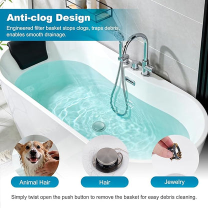 Hibbent 2 Pack 3 in 1 Metal Bathtub Drain Stopper, Universal Pop Up Tub Stopper with Removable Filter Basket, Bathtub Hair Catcher for 1.5''~2.4'' Drain, Brass Bullet Core, Brushed Nickel