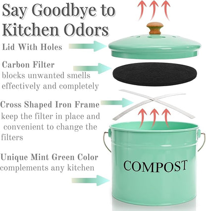 AVLA Kitchen Compost Bin, 1 Gallon Countertop Food Waste Container, Odorless Composter Bucket with Lid and Charcoal Filter, Indoor Metal Composting Pail, Mint Green