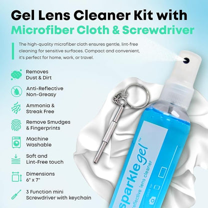 Sparkle Anti-Reflective Safe Gel Lens Cleaner & Repair Kit – (2) 2oz Glasses Cleaner Spray, (2) Microfiber Cloth & Keychain Screwdriver for Eyeglasses, Lenses & Screens (5 Piece Set)